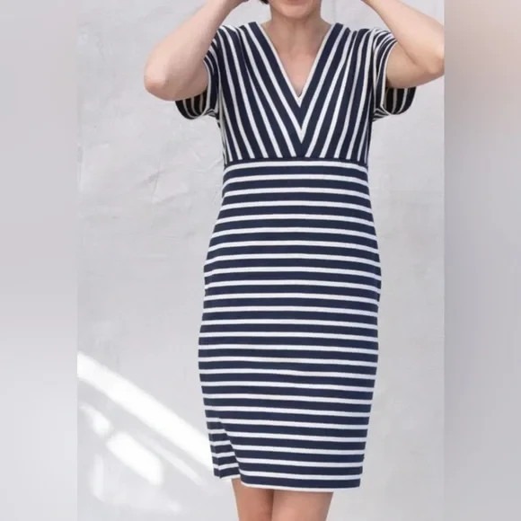 Saint James Menerbes Breton Navy Striped V-Neck Dress Size 4 - Picture 2 of 11
